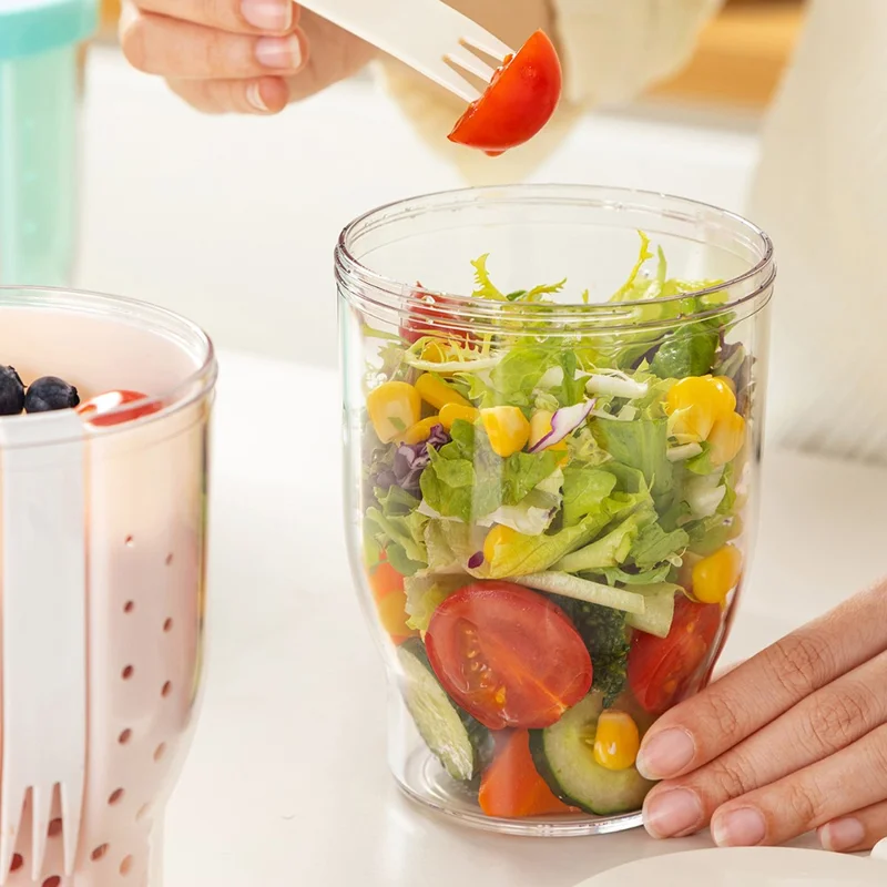 720ml Fruit Cup with Strainer Fork Breakfast Oatmeal Salad Container Portable Outdoor Picnic Milk Cup (BPA-Free, No FDA) - Yellow