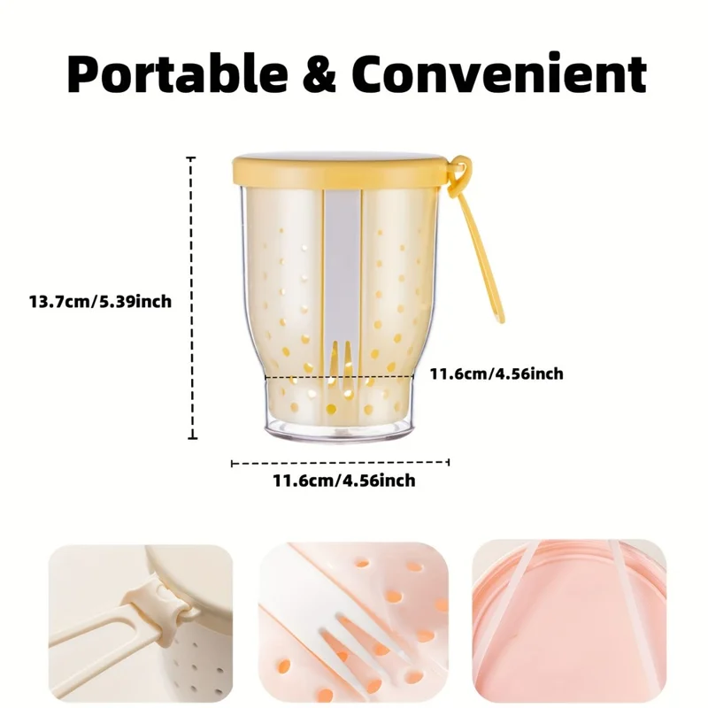 720ml Fruit Cup with Strainer Fork Breakfast Oatmeal Salad Container Portable Outdoor Picnic Milk Cup (BPA-Free, No FDA) - Yellow