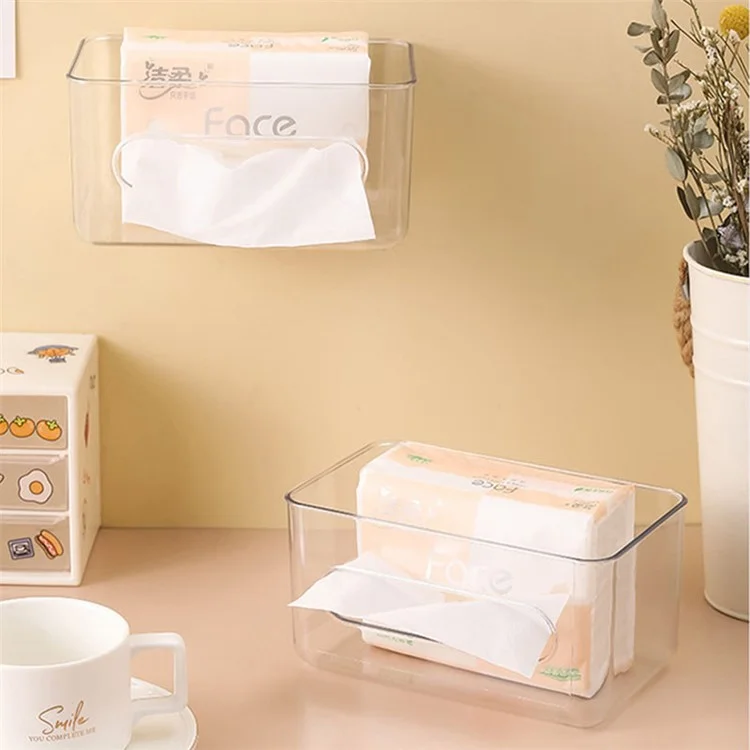 Caja de pañuelos de papel transparente con tapa abierta montada en la pared, contenedor cuadrado para papel higiénico, servilletas, toallitas húmedas