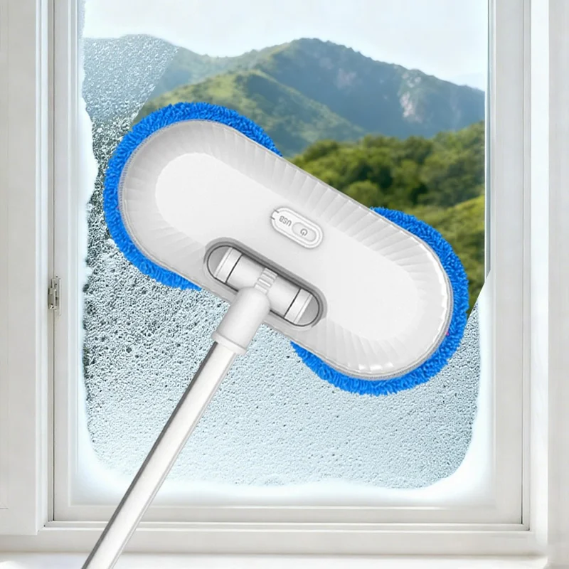 WV-291 Electric Dual-Head Window Cleaner with Extension Pole, Rotatable Head Glass Mirror Cleaning Tool for Home / Ceiling - Sapphire