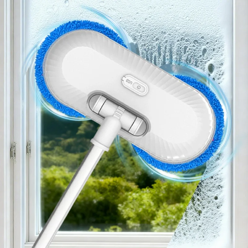 WV-291 Electric Dual-Head Window Cleaner with Extension Pole, Rotatable Head Glass Mirror Cleaning Tool for Home / Ceiling - Sapphire