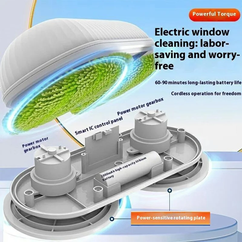 WV-291 Electric Dual-Head Window Cleaner with Extension Pole, Rotatable Head Glass Mirror Cleaning Tool for Home / Ceiling - Sapphire