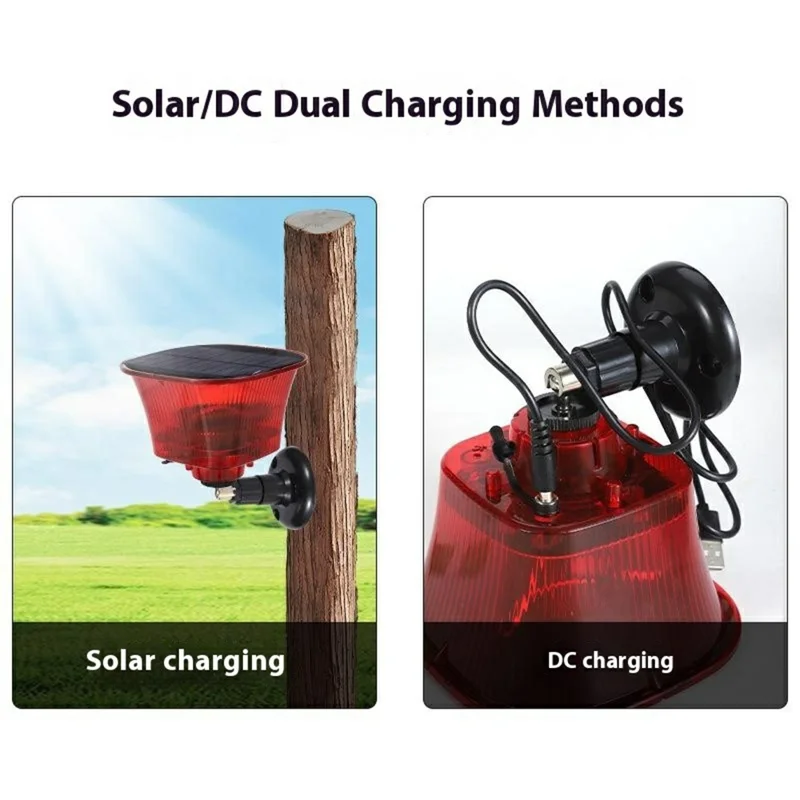 جهاز طرد الطيور بالطاقة الشمسية مع إنذار وضوء لحماية المزارع والبساتين، ضوء طاردة للحيوانات بنظام إضاءة LED وميضي