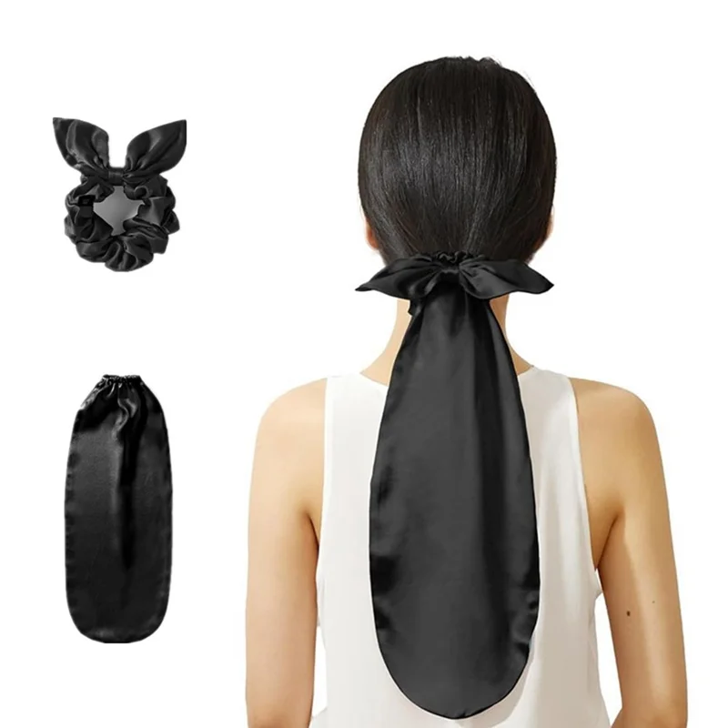2 in 1 Faux Silk Sleep Cap and Scrunchie Hair Tie for Long Hair Protection Night Sleeping Bonnet - Black
