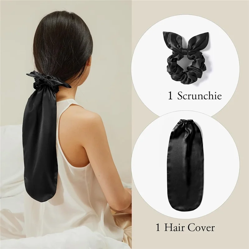 2 in 1 Faux Silk Sleep Cap and Scrunchie Hair Tie for Long Hair Protection Night Sleeping Bonnet - Black