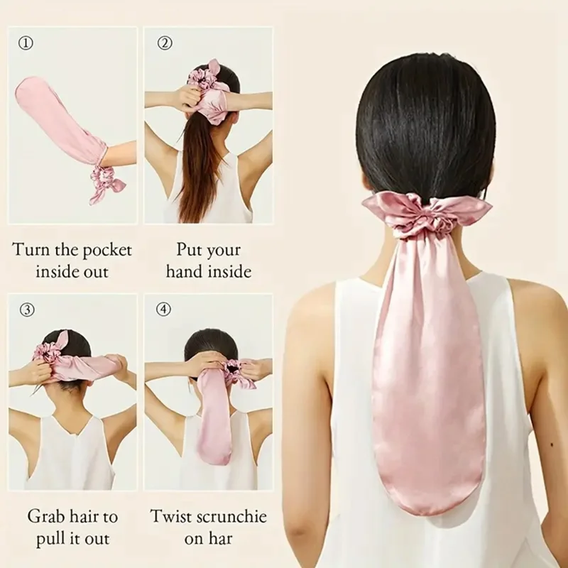 2 in 1 Faux Silk Sleep Cap and Scrunchie Hair Tie for Long Hair Protection Night Sleeping Bonnet - Black