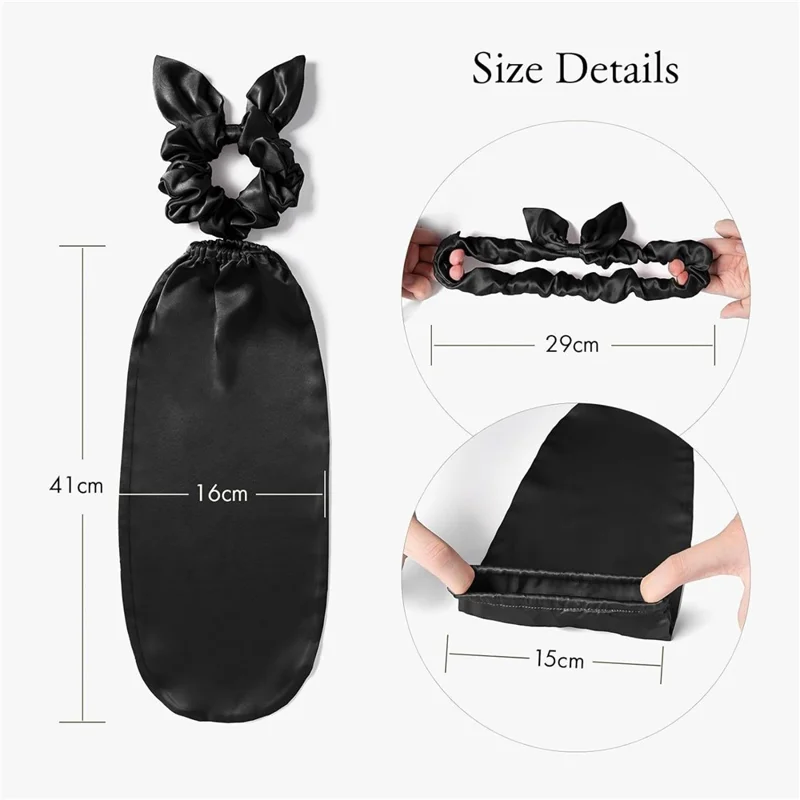 2 in 1 Faux Silk Sleep Cap and Scrunchie Hair Tie for Long Hair Protection Night Sleeping Bonnet - Black