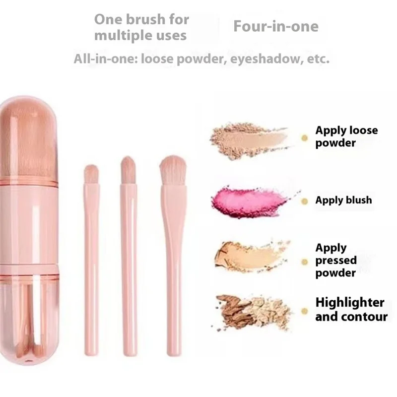 4 in 1 Portable Makeup Brushes Set for Travel Contouring Eyeshadow Powder Blush with Dustproof Cover - Nude