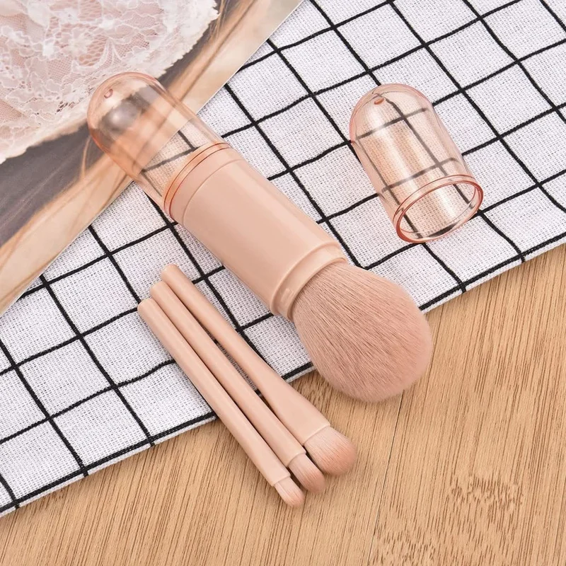 4 in 1 Portable Makeup Brushes Set for Travel Contouring Eyeshadow Powder Blush with Dustproof Cover - Nude