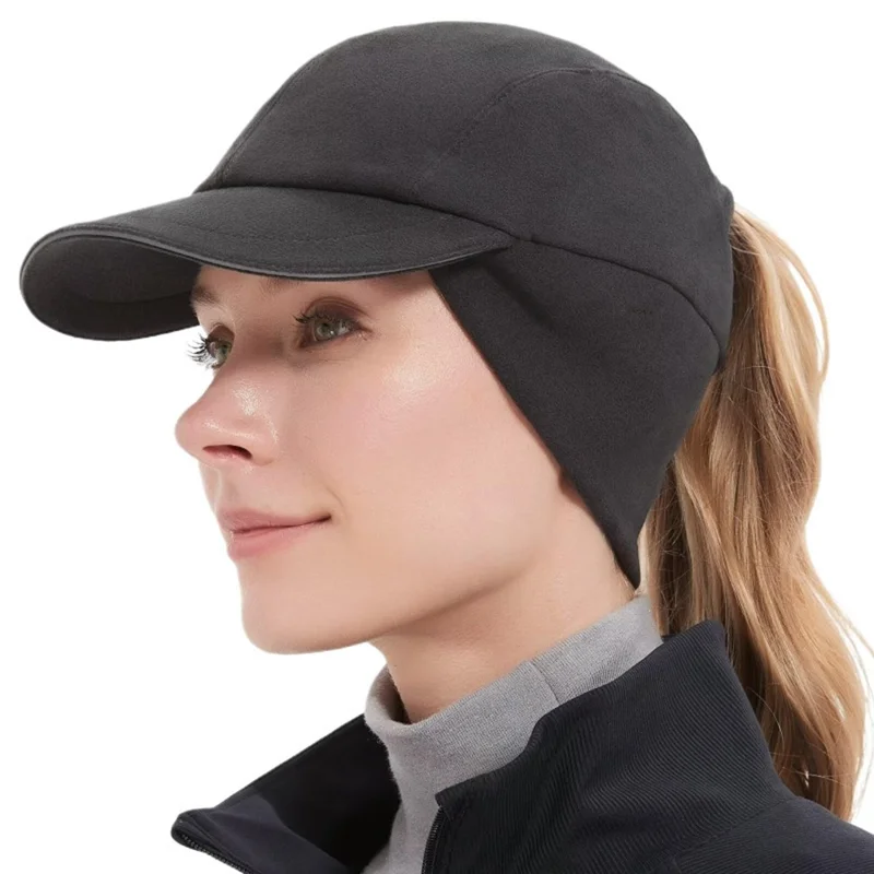 Outdoor Sports Baseball Cap with Ponytail Hole for Women Reflective Pull Down Ear Flaps Winter Headwear - M