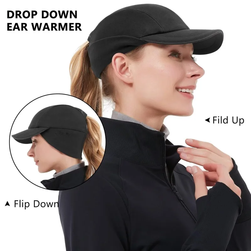 Outdoor Sports Baseball Cap with Ponytail Hole for Women Reflective Pull Down Ear Flaps Winter Headwear - M