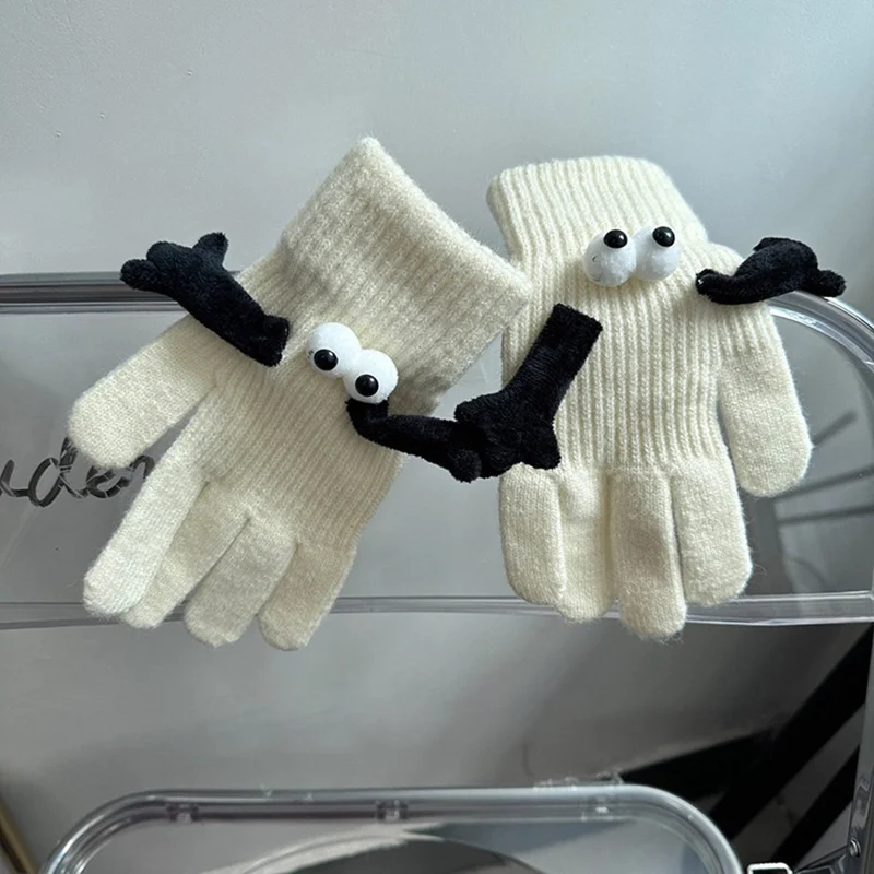 Magnetic Hand Holding Mittens for Couples Cute 3D Eyes Autumn Winter Warm Cotton Gloves - White
