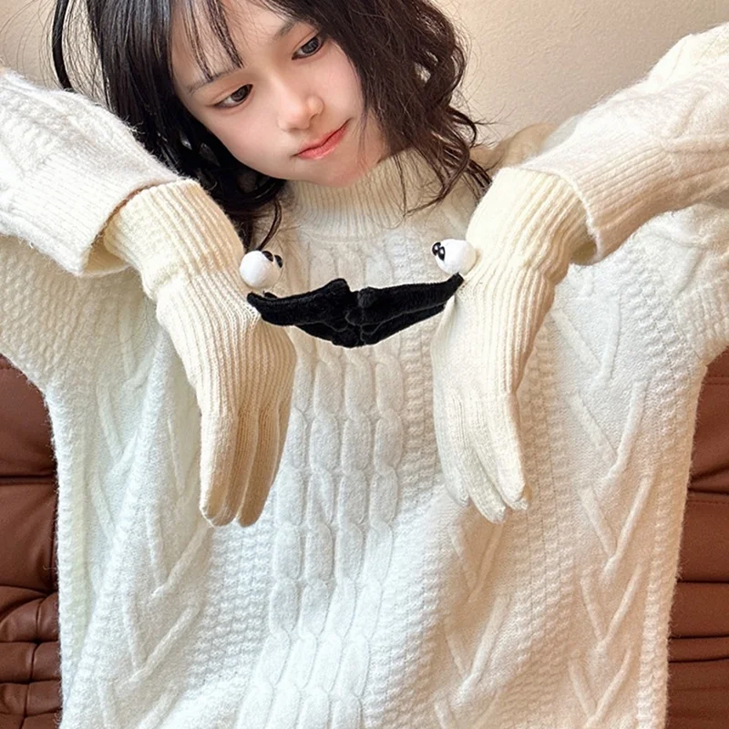 Magnetic Hand Holding Mittens for Couples Cute 3D Eyes Autumn Winter Warm Cotton Gloves - White