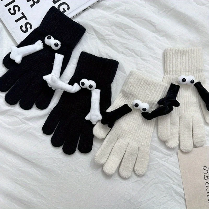Magnetic Hand Holding Mittens for Couples Cute 3D Eyes Autumn Winter Warm Cotton Gloves - White