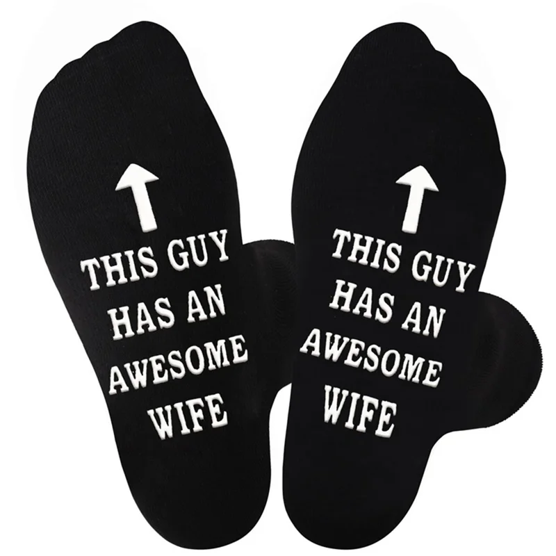 1 Pair Funny Letters Patten Breathable Cotton Socks Non Slip Mid Calf Socks for Men, One Size