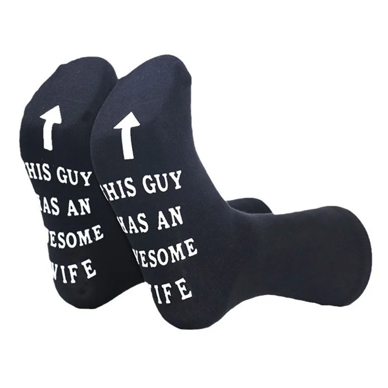 1 Pair Funny Letters Patten Breathable Cotton Socks Non Slip Mid Calf Socks for Men, One Size