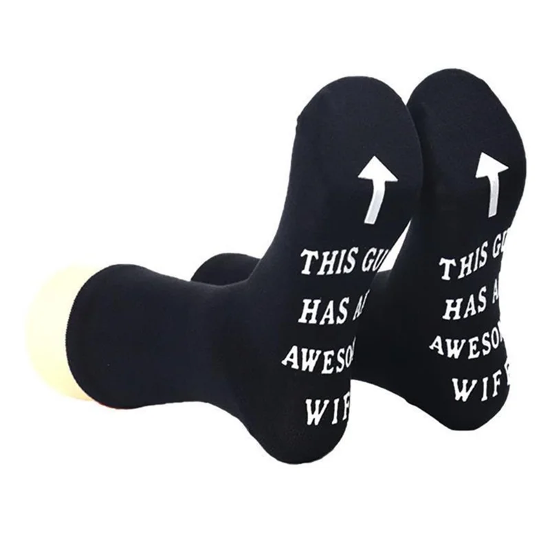 1 Pair Funny Letters Patten Breathable Cotton Socks Non Slip Mid Calf Socks for Men, One Size