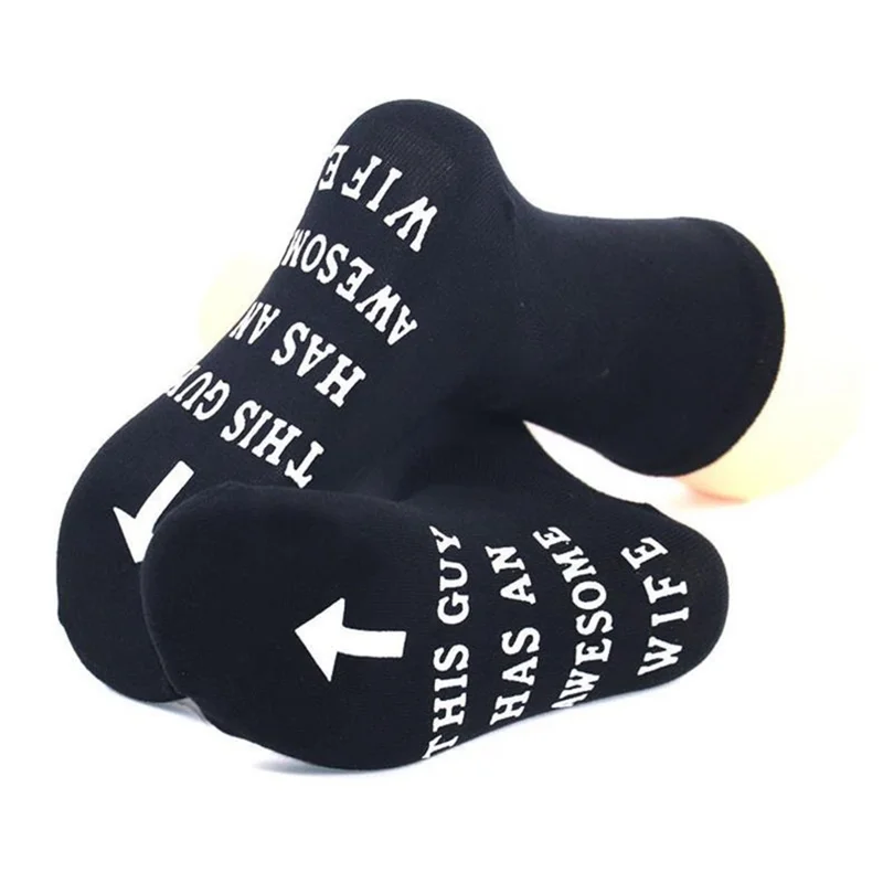 1 Pair Funny Letters Patten Breathable Cotton Socks Non Slip Mid Calf Socks for Men, One Size