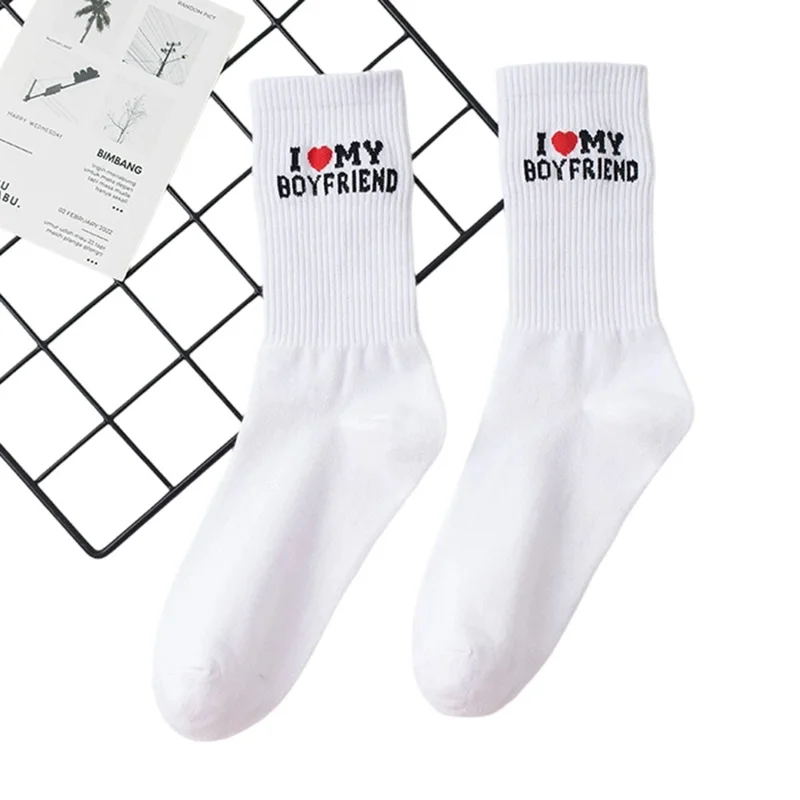 1 Pair Couples Mid Calf Socks for Spring Summer Sweat Absorbing English Letter Cotton Socks - My Boyfriend / White