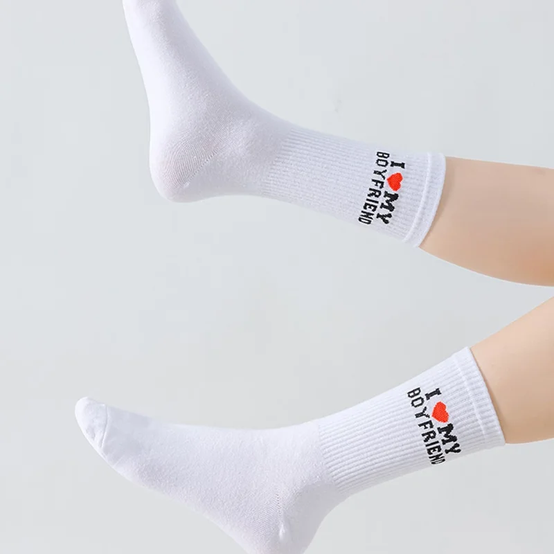 1 Pair Couples Mid Calf Socks for Spring Summer Sweat Absorbing English Letter Cotton Socks - My Boyfriend / White