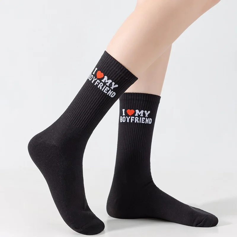 1 Pair Couples Mid Calf Socks for Spring Summer Sweat Absorbing English Letter Cotton Socks - My Boyfriend / White