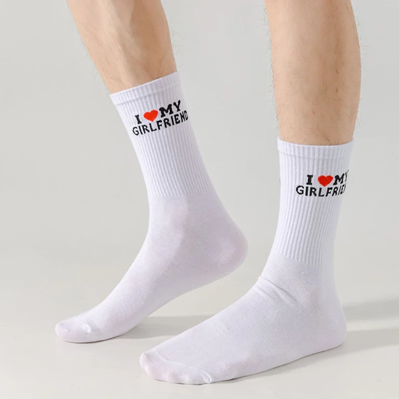1 Pair Couples Mid Calf Socks for Spring Summer Sweat Absorbing English Letter Cotton Socks - My Boyfriend / White