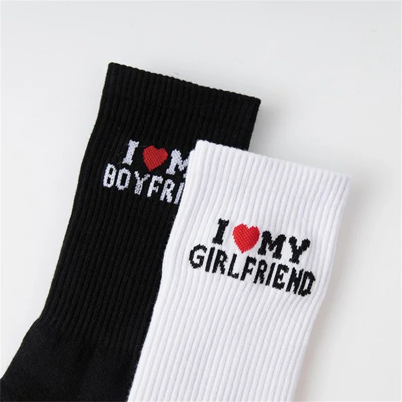 1 Pair Couples Mid Calf Socks for Spring Summer Sweat Absorbing English Letter Cotton Socks - My Boyfriend / White
