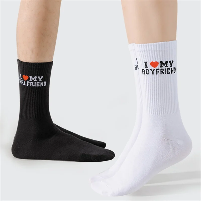 1 Pair Couples Mid Calf Socks for Spring Summer Sweat Absorbing English Letter Cotton Socks - My Boyfriend / White