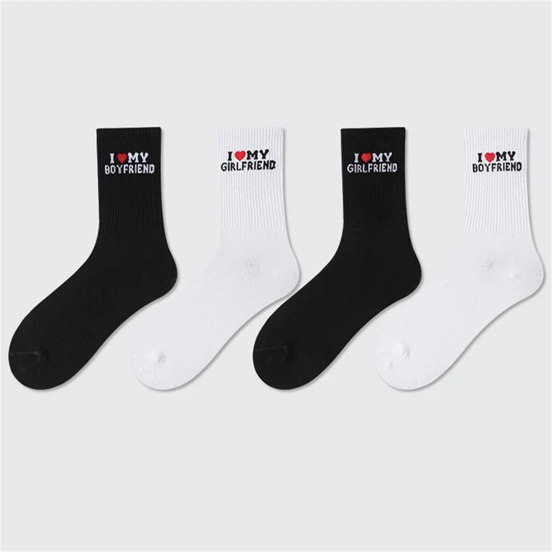 1 Pair Couples Mid Calf Socks for Spring Summer Sweat Absorbing English Letter Cotton Socks - My Boyfriend / White