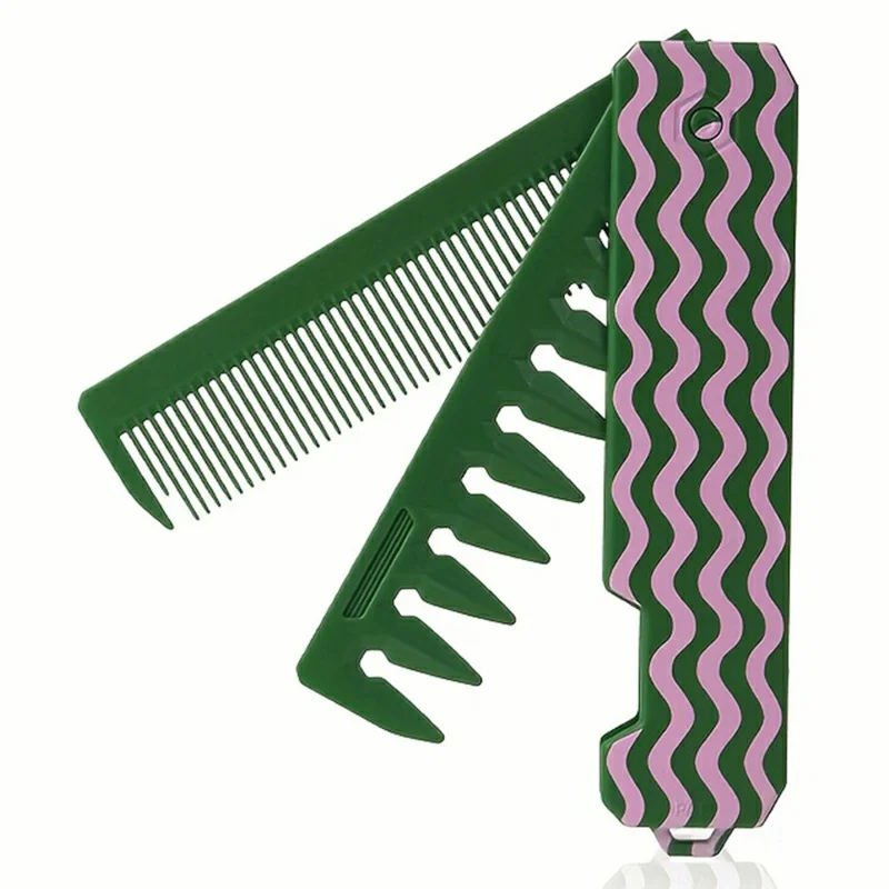 Multifunctional Plastic Folding Pocket Comb 2 in 1 Wide Tooth Portable Barber Hair Styling Tool Gift - C99-1 Green