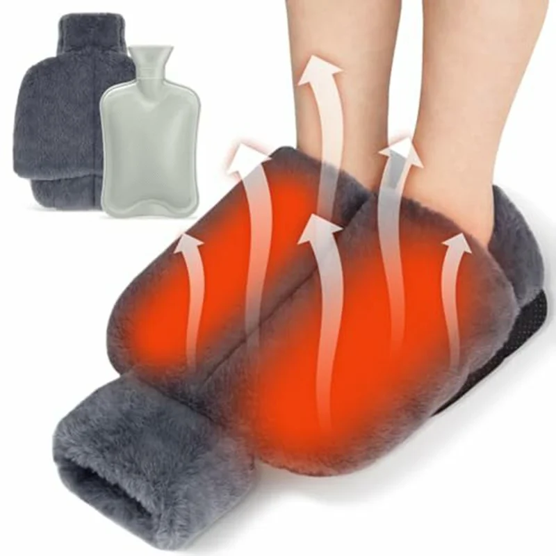 2L Foot Warmer Hot Water Bag with Removeable Plush Sleeve Refillable Winter Feet Heating Pack - Grey