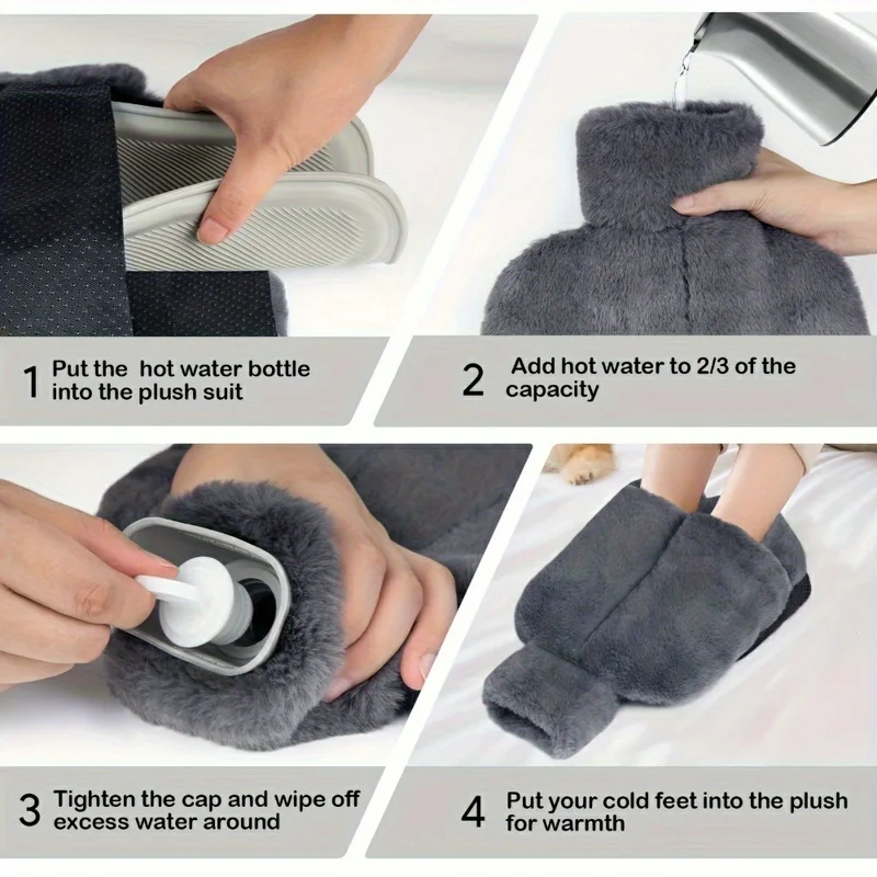 2L Foot Warmer Hot Water Bag with Removeable Plush Sleeve Refillable Winter Feet Heating Pack - Grey