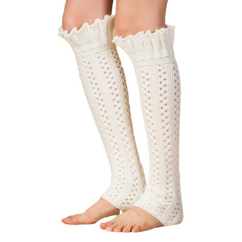 Winter gebreide beenwarmers met geplooide boord Beenbescherming effen kleur Gehaakte lange sokken Laarzenhoes - Wit