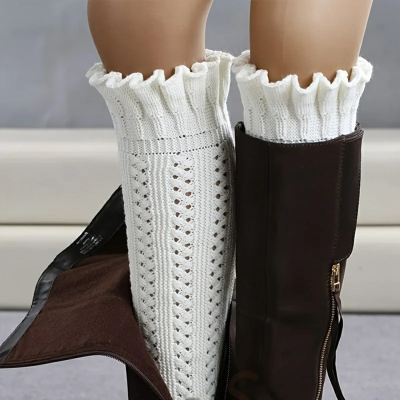 Winter gebreide beenwarmers met geplooide boord Beenbescherming effen kleur Gehaakte lange sokken Laarzenhoes - Wit