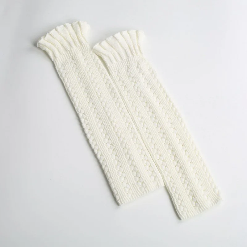 Winter gebreide beenwarmers met geplooide boord Beenbescherming effen kleur Gehaakte lange sokken Laarzenhoes - Wit
