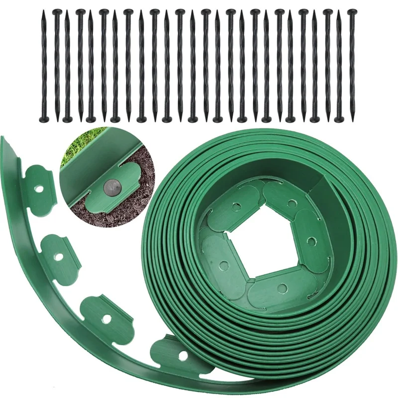 Garden Landscape Edging Length: 10m, 6cm x5cm Lawn Edging Border L-Shaped Barrier with 30PCS Stakes - Green