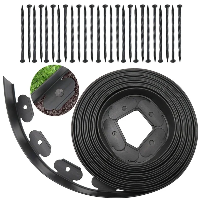 Garden Landscape Edging Length: 10m, 10cm x5cm Lawn Edging Border L-Shaped Barrier with 30PCS Stakes - Black
