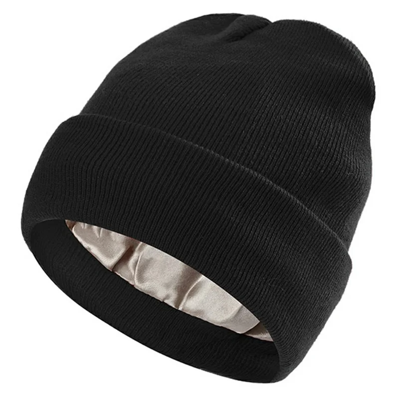 Autumn Winter Knitted Beanie Hat Satin Lining Solid Color Roll-up Edge Skullcap for Men Women - Black