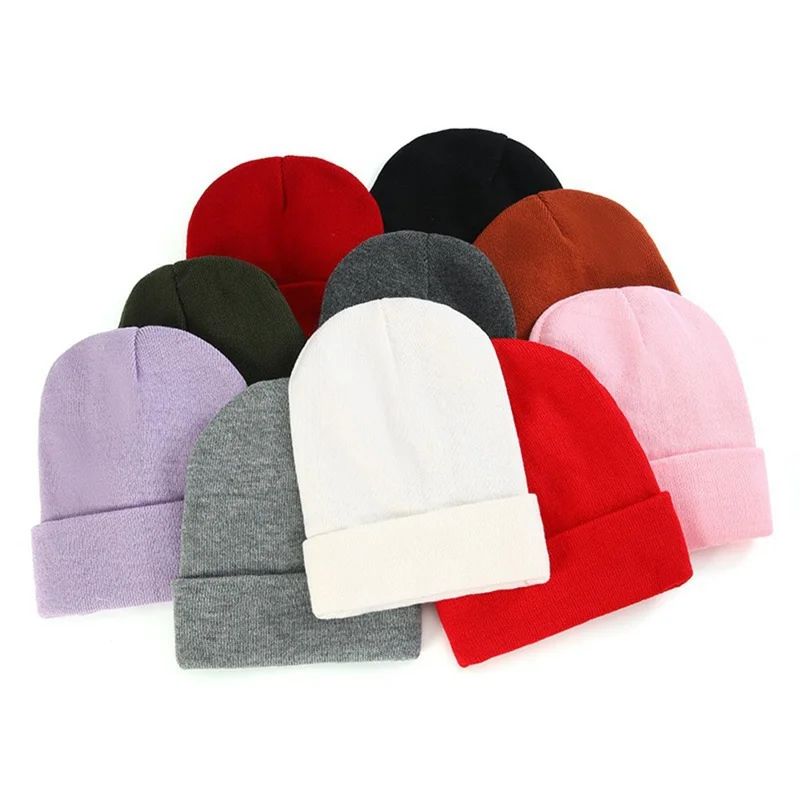 Autumn Winter Knitted Beanie Hat Satin Lining Solid Color Roll-up Edge Skullcap for Men Women - Black