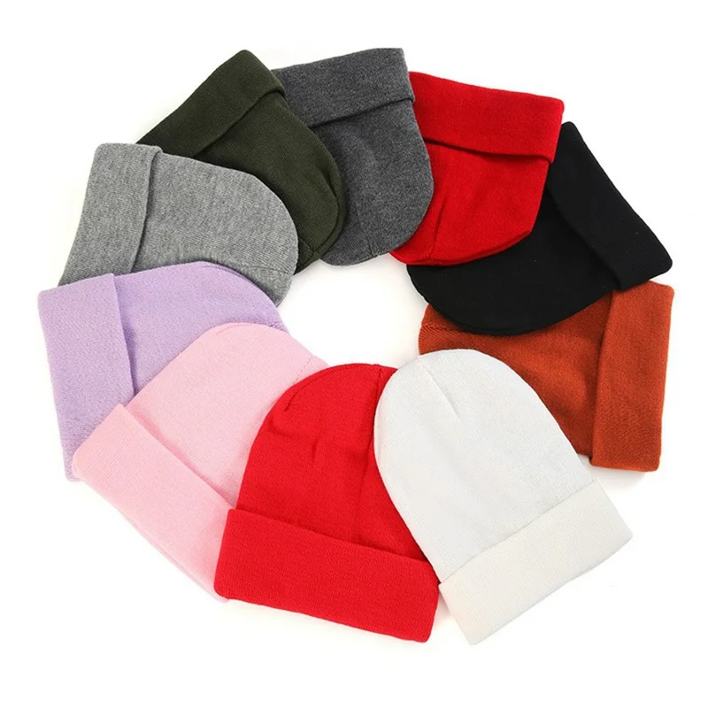 Autumn Winter Knitted Beanie Hat Satin Lining Solid Color Roll-up Edge Skullcap for Men Women - Black