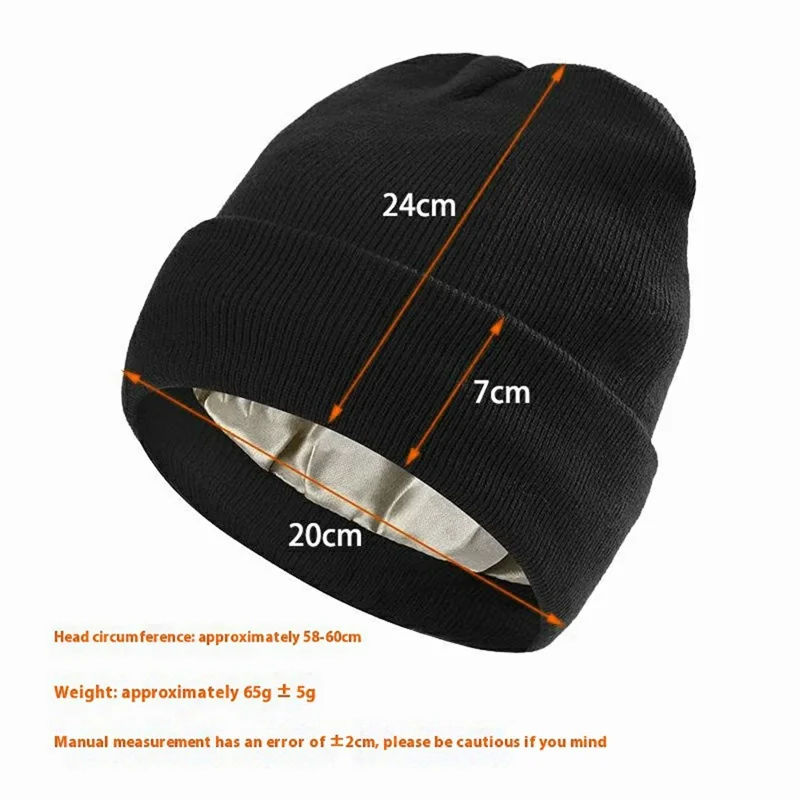 Autumn Winter Knitted Beanie Hat Satin Lining Solid Color Roll-up Edge Skullcap for Men Women - Black