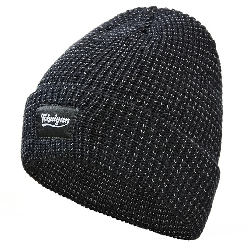 TOHUIYAN Reflecterende Muts voor Buitensporten Opvouwrand Muts Winter Warme Gebreide Muts - Zwart