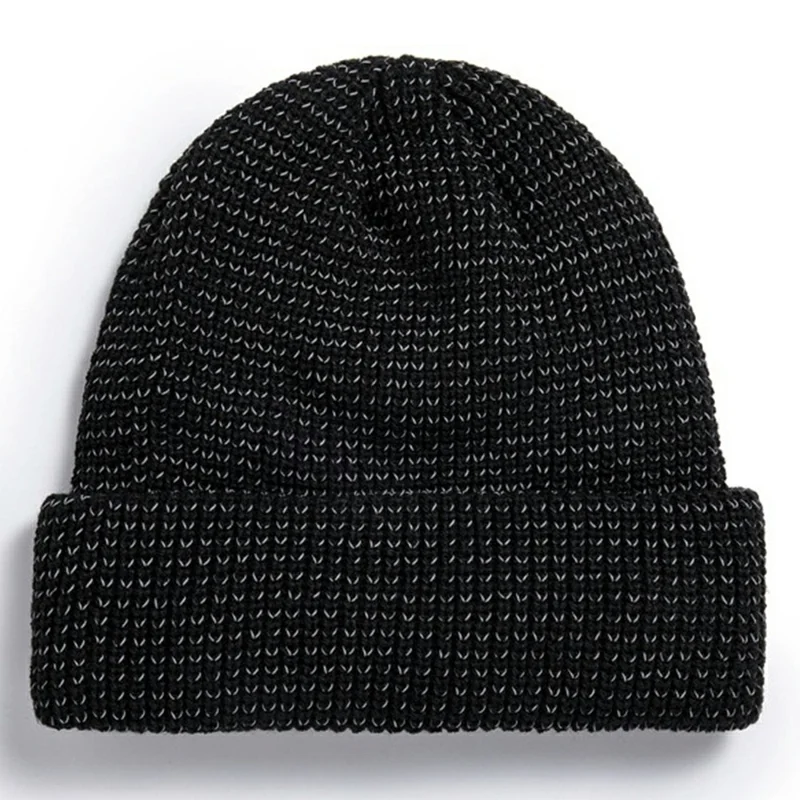 TOHUIYAN Reflecterende Muts voor Buitensporten Opvouwrand Muts Winter Warme Gebreide Muts - Zwart