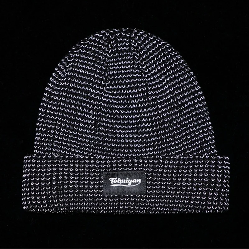 TOHUIYAN Reflecterende Muts voor Buitensporten Opvouwrand Muts Winter Warme Gebreide Muts - Zwart