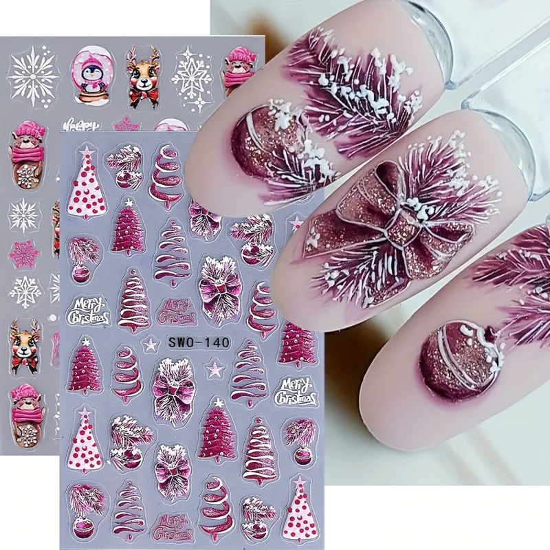 2 Sheets Purple Theme Christmas Nail Art Stickers Self Adhesive PVC Embossed Manicure Decals, SWO-140+SWO-48