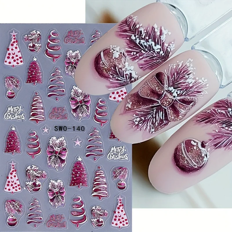 2 Sheets Purple Theme Christmas Nail Art Stickers Self Adhesive PVC Embossed Manicure Decals, SWO-140+SWO-48