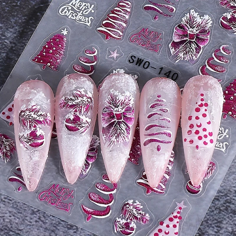 2 Sheets Purple Theme Christmas Nail Art Stickers Self Adhesive PVC Embossed Manicure Decals, SWO-140+SWO-48