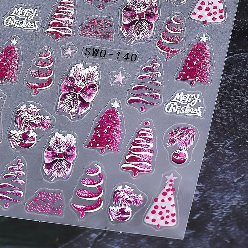 2 Sheets Purple Theme Christmas Nail Art Stickers Self Adhesive PVC Embossed Manicure Decals, SWO-140+SWO-48