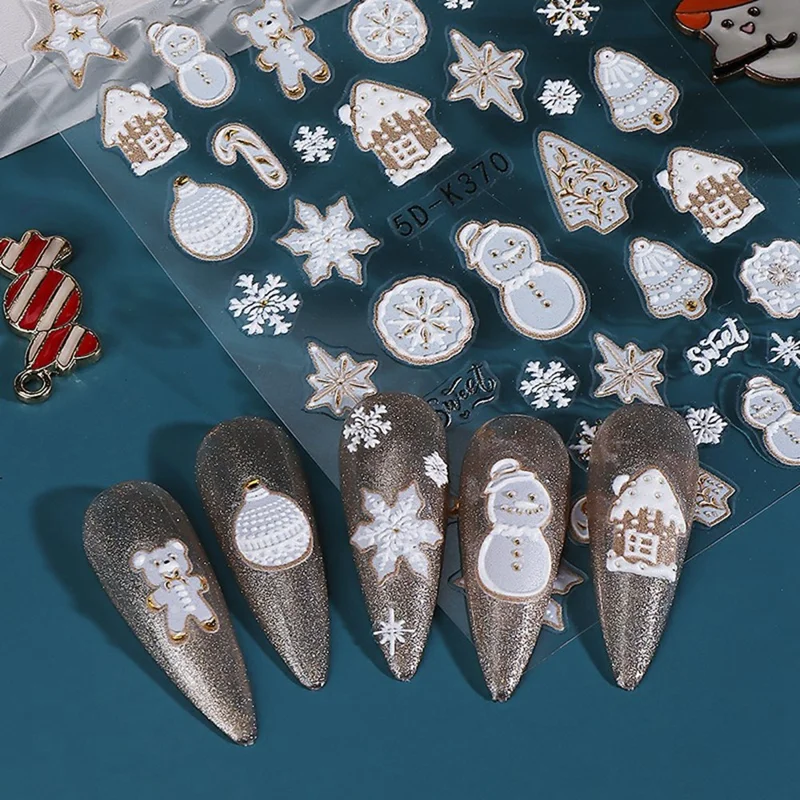 Christmas Nail Art Stickers 5D Embossed Xmas Tree Snowflake Deer Pattern PVC Manicure Gift Decals - K190