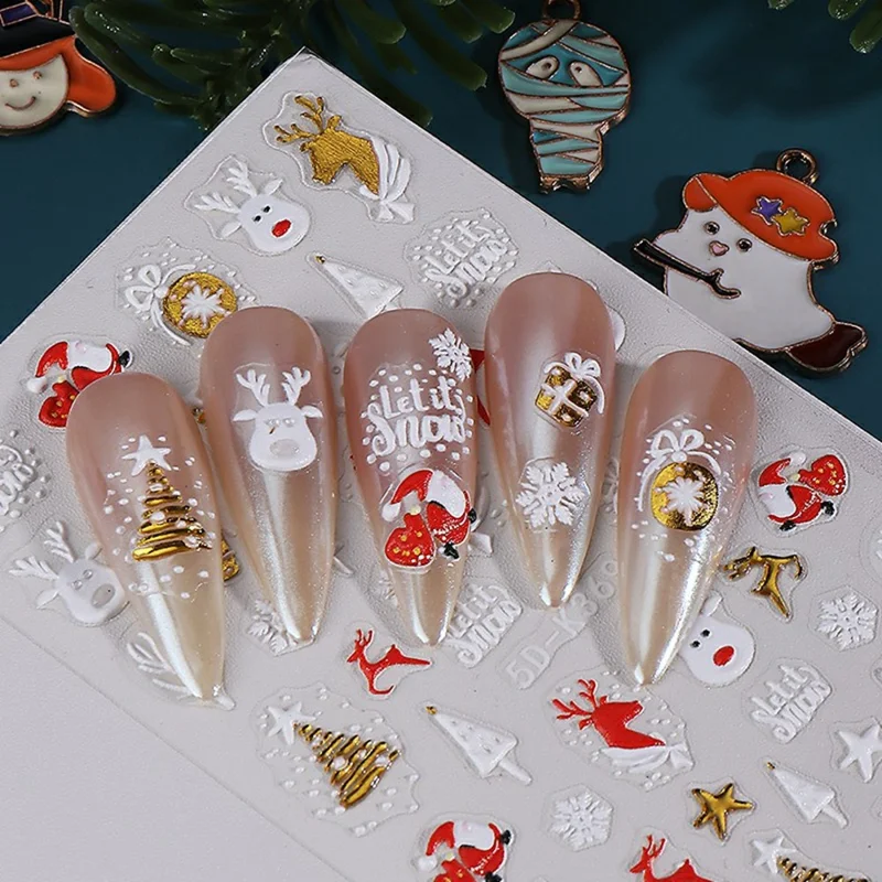 Christmas Nail Art Stickers 5D Embossed Xmas Tree Snowflake Deer Pattern PVC Manicure Gift Decals - K190